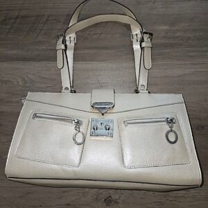 Guess Satchel Handbag Purse Beige Faux Leather Silver Hardware Y2K